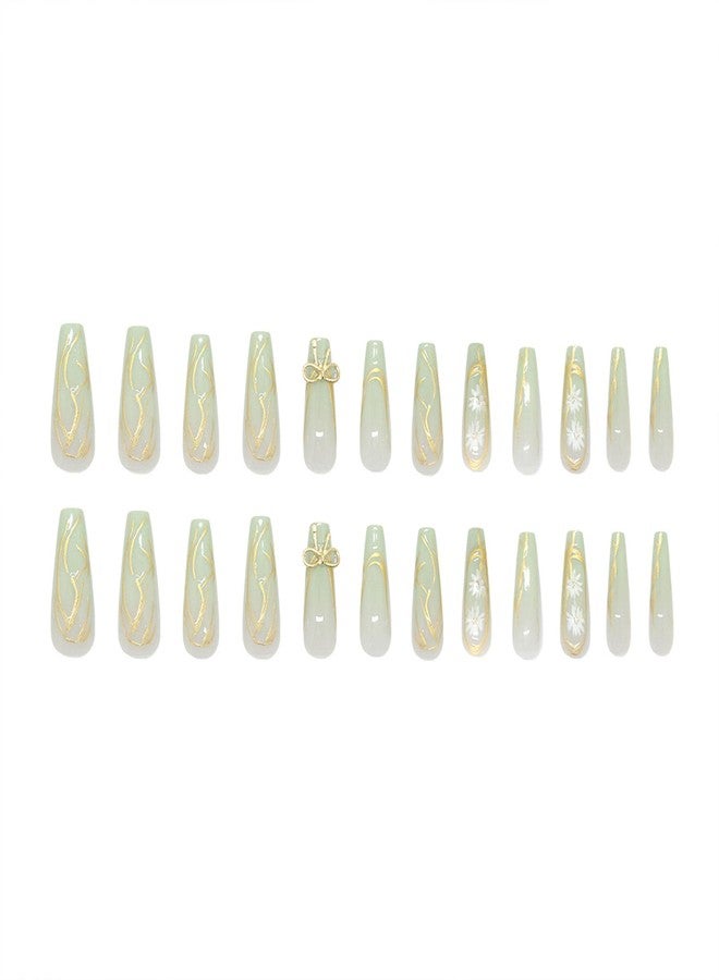 SINHOT Coffin Press on Nails Long - Halcyon Green Fake Nails Glossy Glue on Nails Gold Line Bowknot Acrylic Nail White Flower Ballerina Artificial Nail Stick on False Nail with Design 24pcs - Image 3